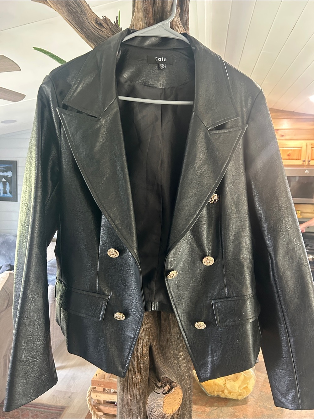 Fate Black Faux Leather Double-Breasted Blazer with Gold Buttons